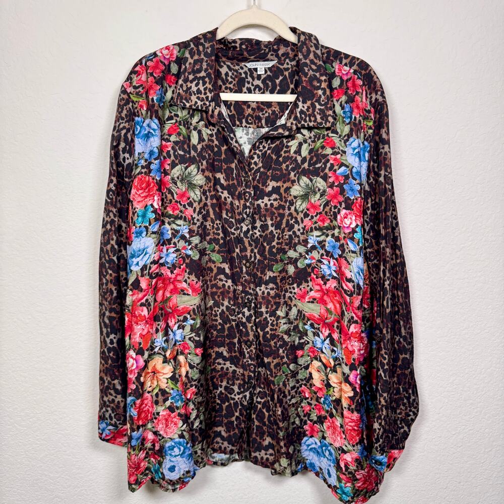 John Mark Womens Artsy Button Front Top Shirt Size 3X Animal Print Flowy Brown